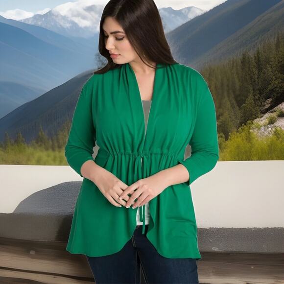Kiyonna Top Sunset Stroll Bellini Cardigan 1X Kelly Green Tie Front Christmas - Picture 3 of 10